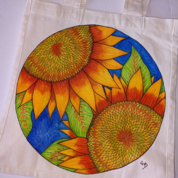Handmade Painted Tote Bag With Yellow Hand Drawn Sunflowers 14x13x7 inches NWT - Picture 1 of 14
